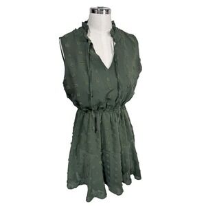 Simplee Swiss Dot Chiffon Ruffle Mini Dress Army Green Cottagecore Women's Small